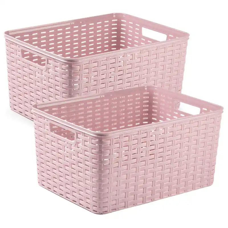 2x stuks rotan gevlochten opbergmand/opbergbox kunststof - Oud roze - 38 x 28 x 19 cm - Opbergbox Actieprijs