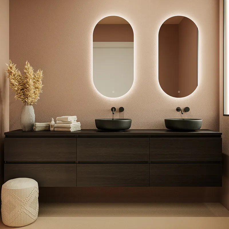 Speciale Aanbieding Fontana Proma badkamermeubel 240cm met zwarte waskommen en LED spiegels kasteel bruin