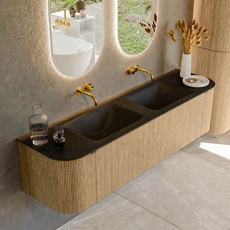 Mondiaz Kurve 170cm badmeubel ronding links/rechts oak met 1 lade en 2 deuren en wastafel cloud dubbel zonder kraangat urban Exclusieve Aanbieding