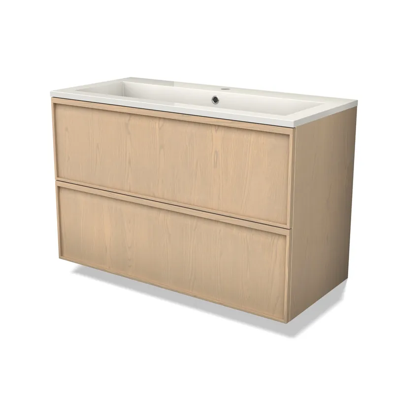 Express Levering Modulo Plus Badkamermeubel met wastafel | 100 cm Naturel eik Lijst front Mineraalmarmer 2 lades onder elkaar