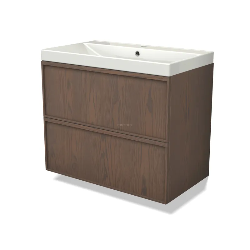Dagaanbieding Modulo Plus Badkamermeubel met wastafel | 80 cm Cacao eik Lijst front Keramiek 2 lades onder elkaar
