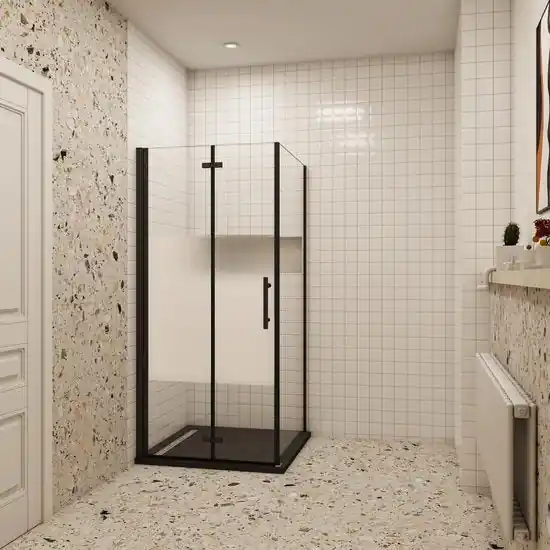 Douchedeur Black Poppy Nisdeur 120x195 Vouwdeur 2-Delig 6mm Semi Gesatineerd Glas Antikalk Zwart Modern
