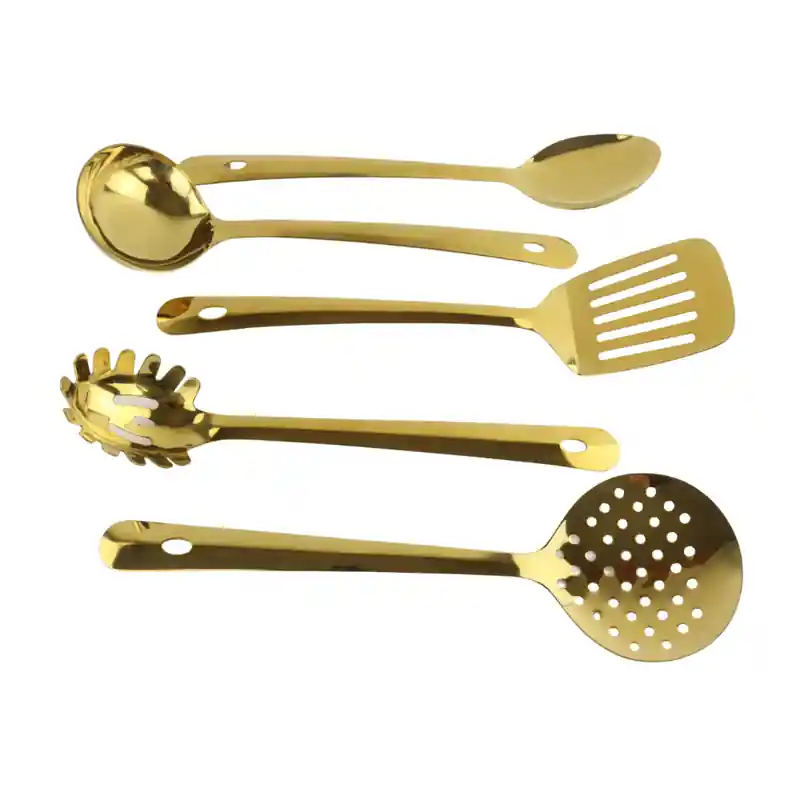 Exclusief OTIX Keukengerei Set - 5-delig - Goud - Schuimspaan - Spaghettilepel - Soeplepel - Spatel - Opscheplepel