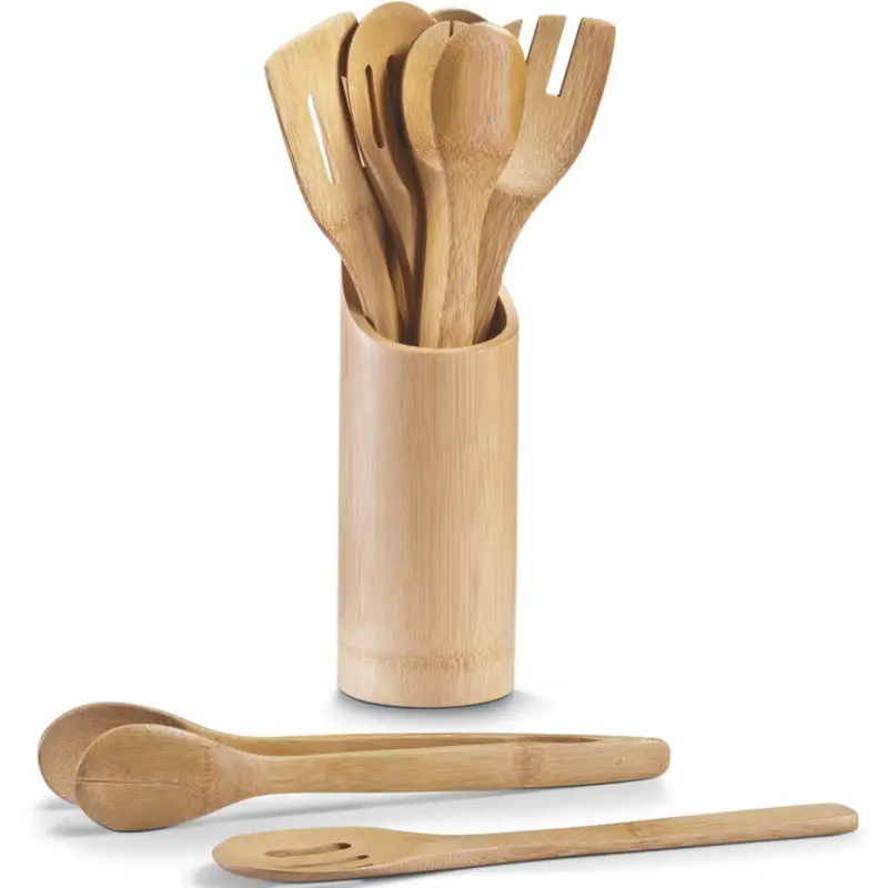 Zeller Kookgerei van bamboe hout - 7-delig - in houder - 9 x 33 cm - Keukengerei Gratis Retour