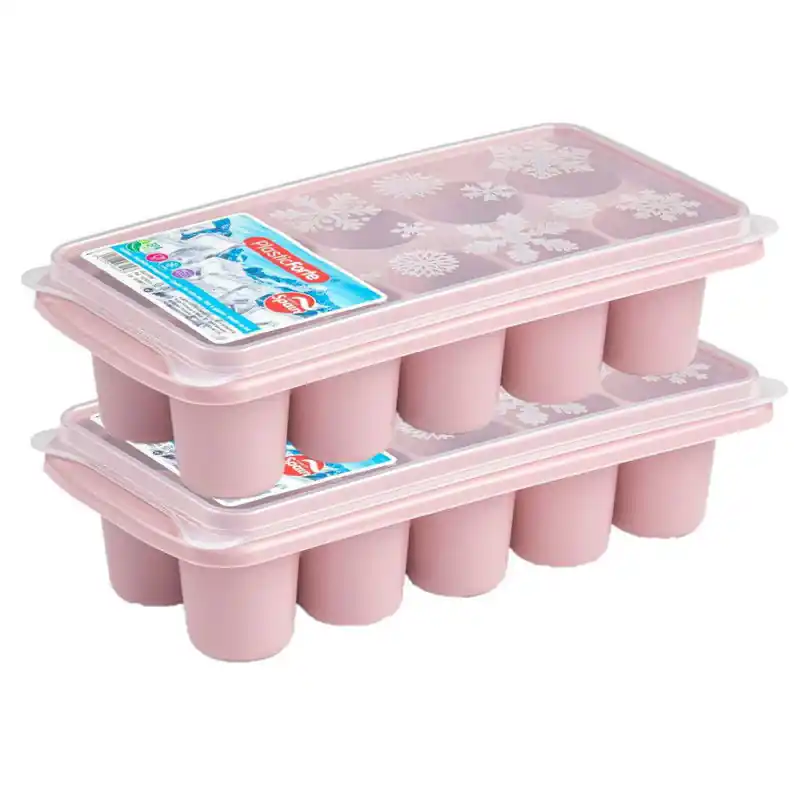 Flitsaanbieding PlasticForte IJsblokjes tray - 2x - ijsklontjes vorm - 10-vaks - roze - IJsblokjesvormen