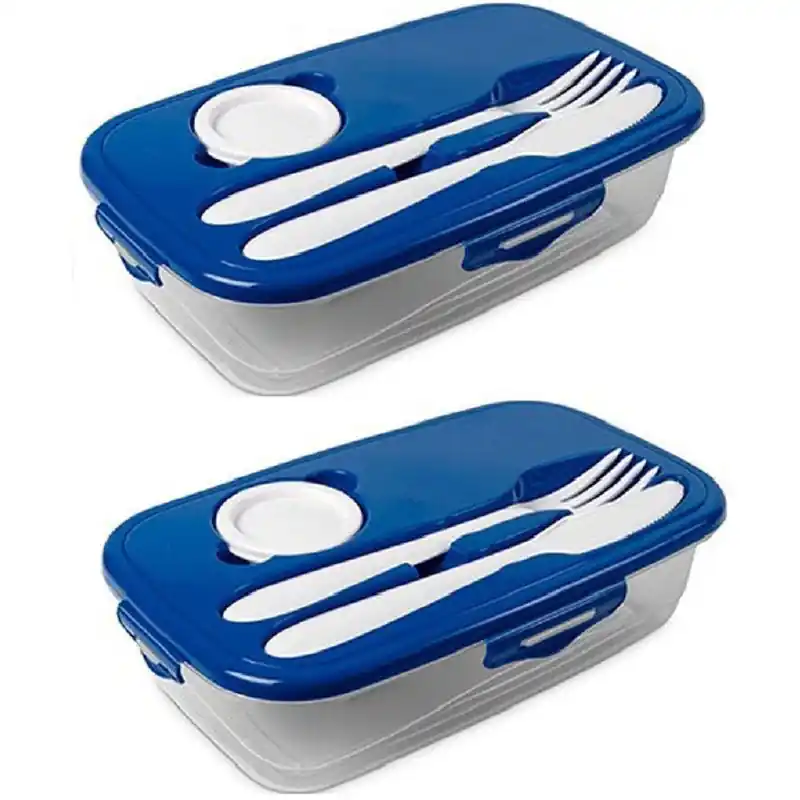 Voedsel plastic bewaarbakje - 2x - 1 liter transparant/wit met bestek en dressingbakje - Lunchboxen Hoge Kwaliteit