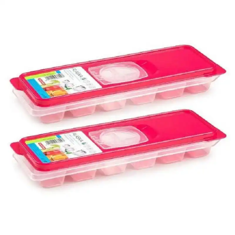 Actieprijs Plasticforte IJsblokjesvorm met deksel - 2x - 12 ijsklontjes - kunststof - fuchsia roze - IJsblokjesvormen